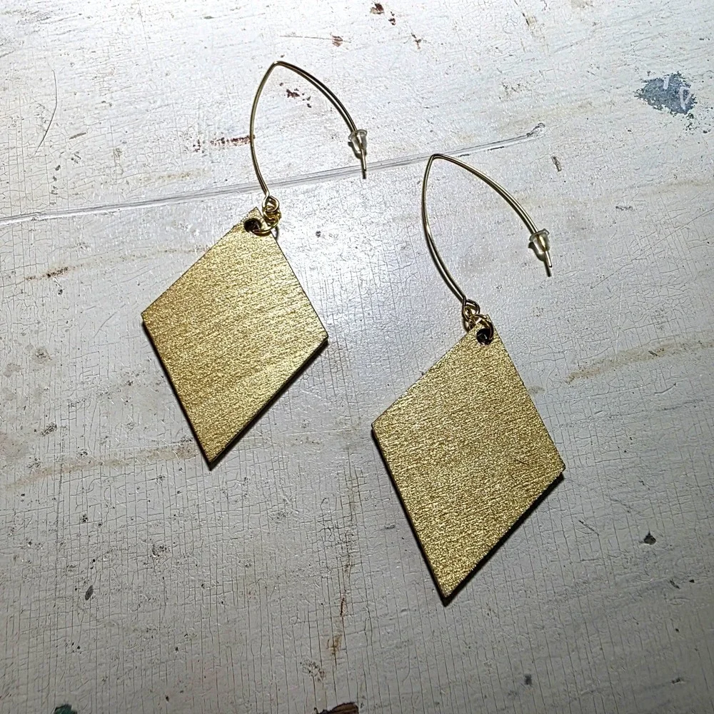 Handmade Abstract Wood Statement Earrings OOAK Taupe Brown Gold Metallic Dangles